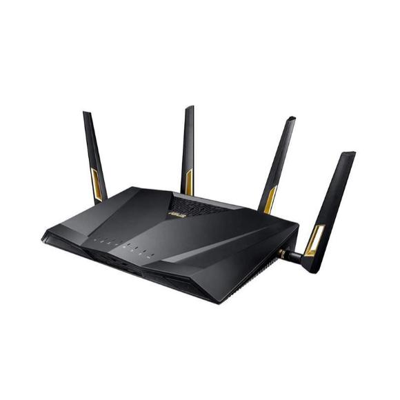 A sleek, modern router with multiple antennas, designed for high-speed internet connectivity in a home or office setting.