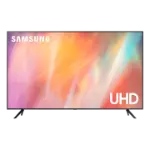 A sleek television mounted on the wall, showcasing a vivid image in a contemporary home environment.