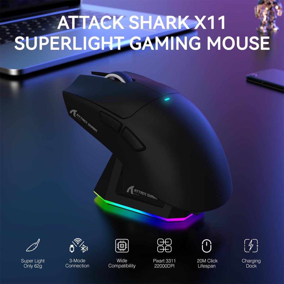 ATTACK SHARK X11 Black Wireless Gaming Mouse - PakByte