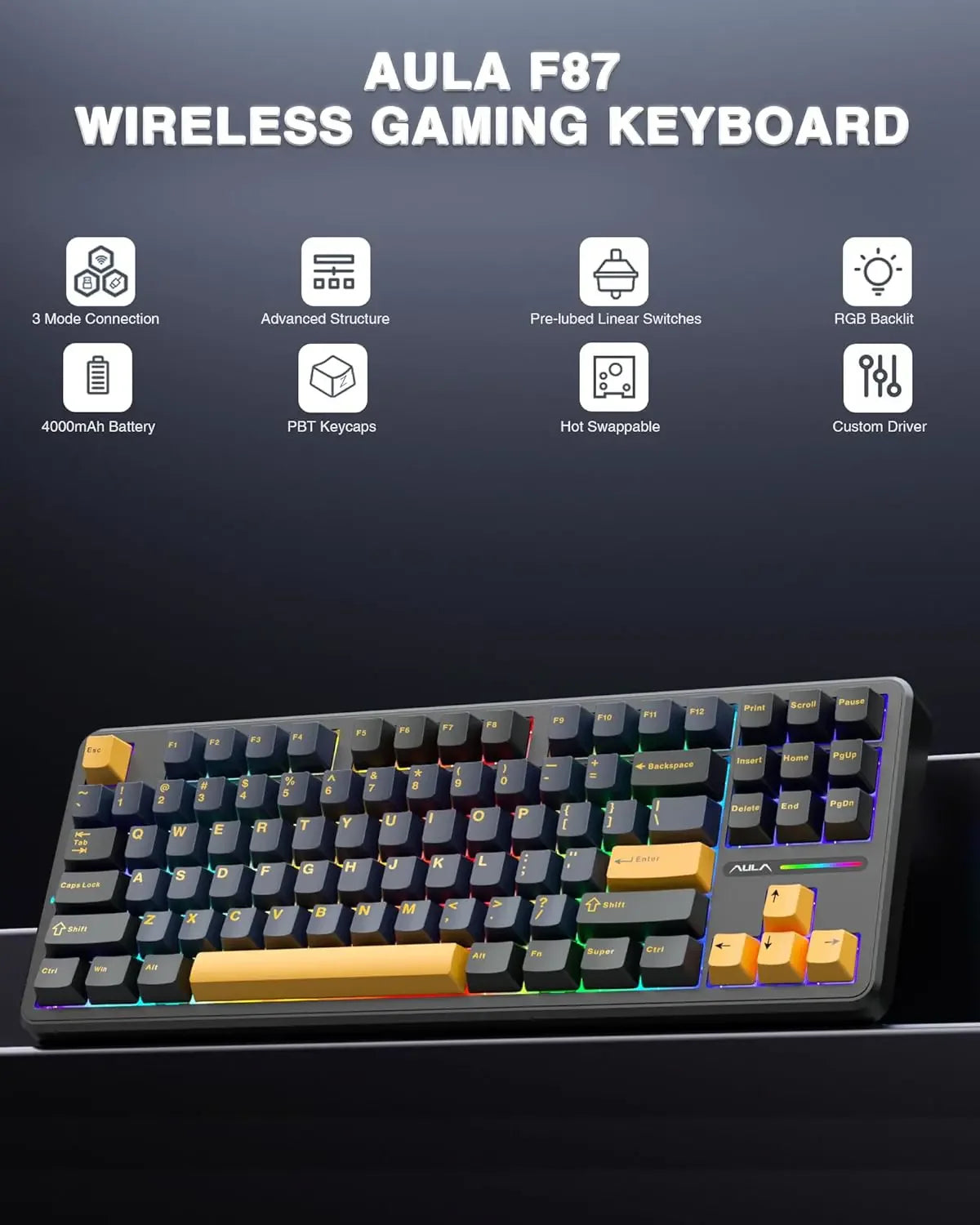 AULA F87 Side Engraved Tri-Mode Mechanical Gaming Keyboard - Black/Yellow Contour - Matcha Latte Switch