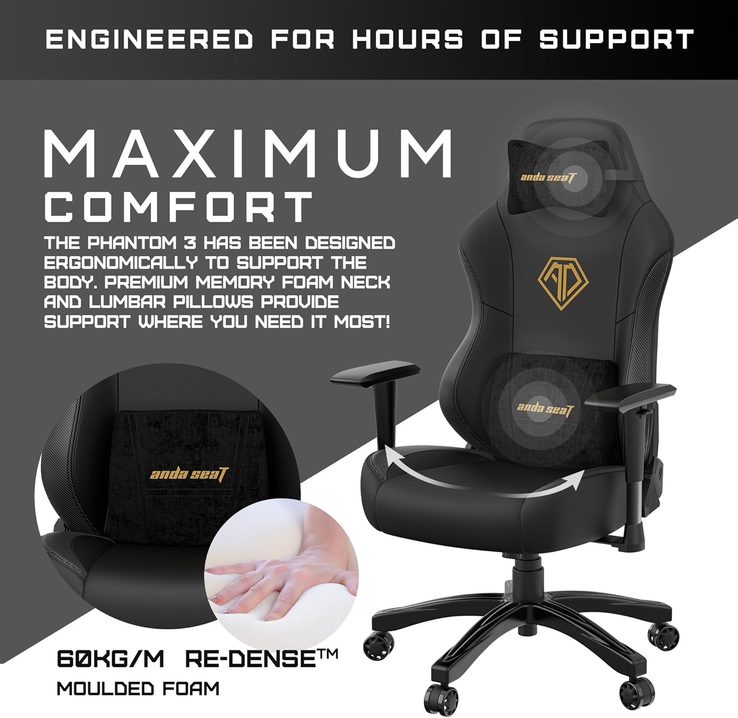 Anda Seat Phantom 3 Leather Gaming Chair - Black/Gold - PakByte