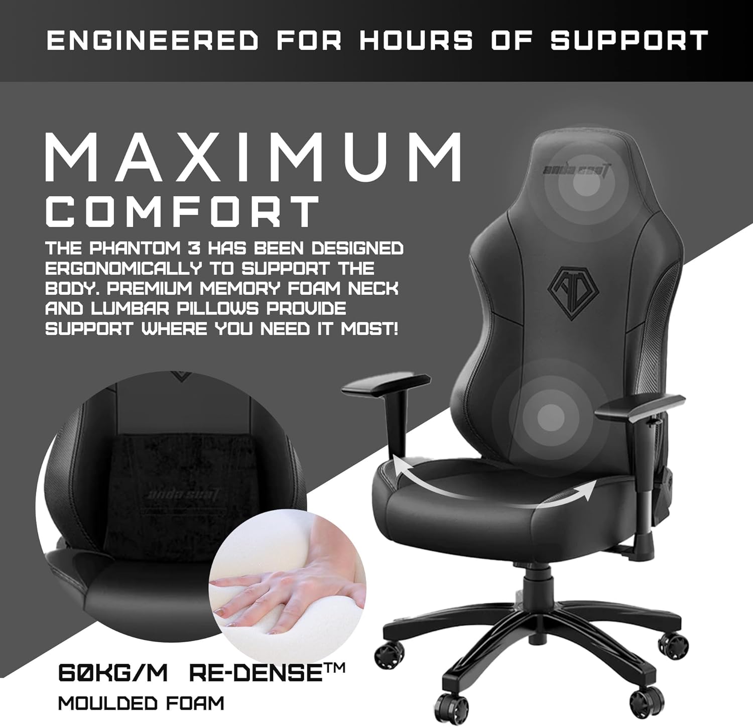 Anda Seat Phantom 3 Leather Gaming Chair - Black - PakByte