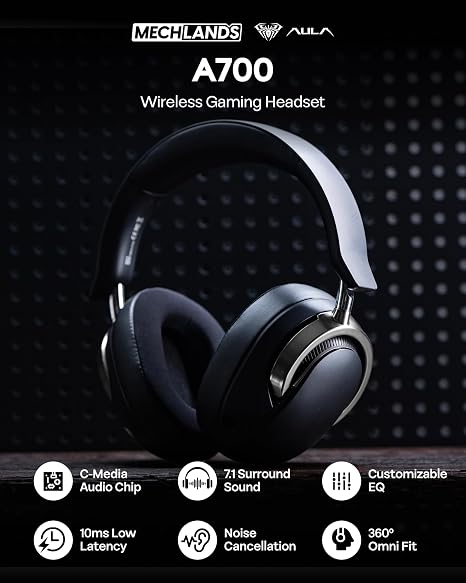 AULA A700 Wireless Gaming Headset with 7.1 Surround Sound - Black/Grey