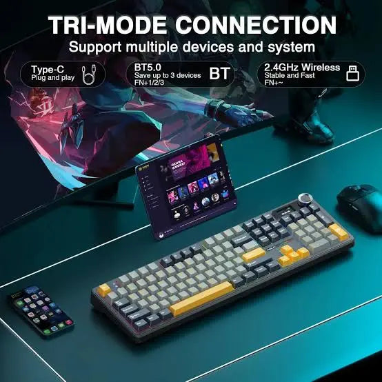 AULA F108 Pro Tri-Mode Mechanical Gaming Keyboard - Grey/Orange/Deep Grey - Reaper Switch