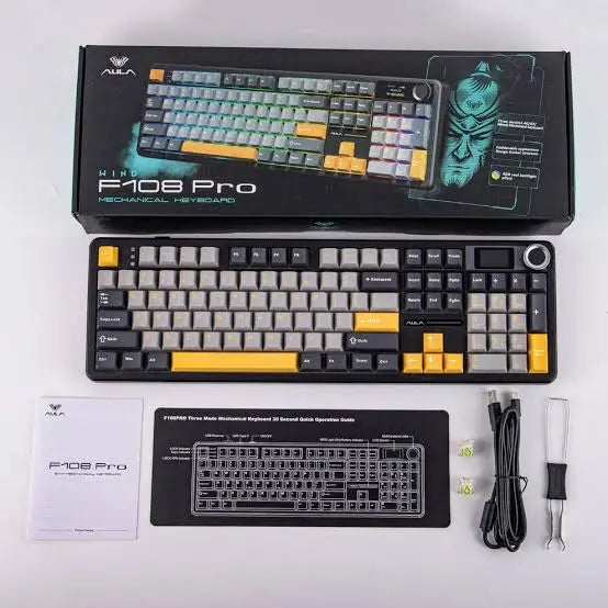 AULA F108 Pro Tri-Mode Mechanical Gaming Keyboard - Grey/Orange/Deep Grey - Reaper Switch