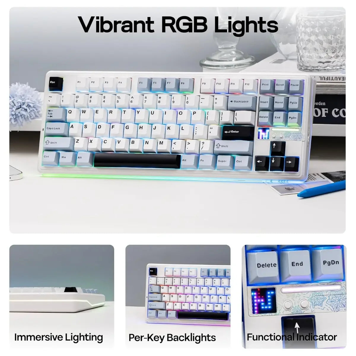 AULA F87 Tri-Mode Mechanical Gaming Keyboard - Light Grey/White/Blue - Nimbus Switch V3