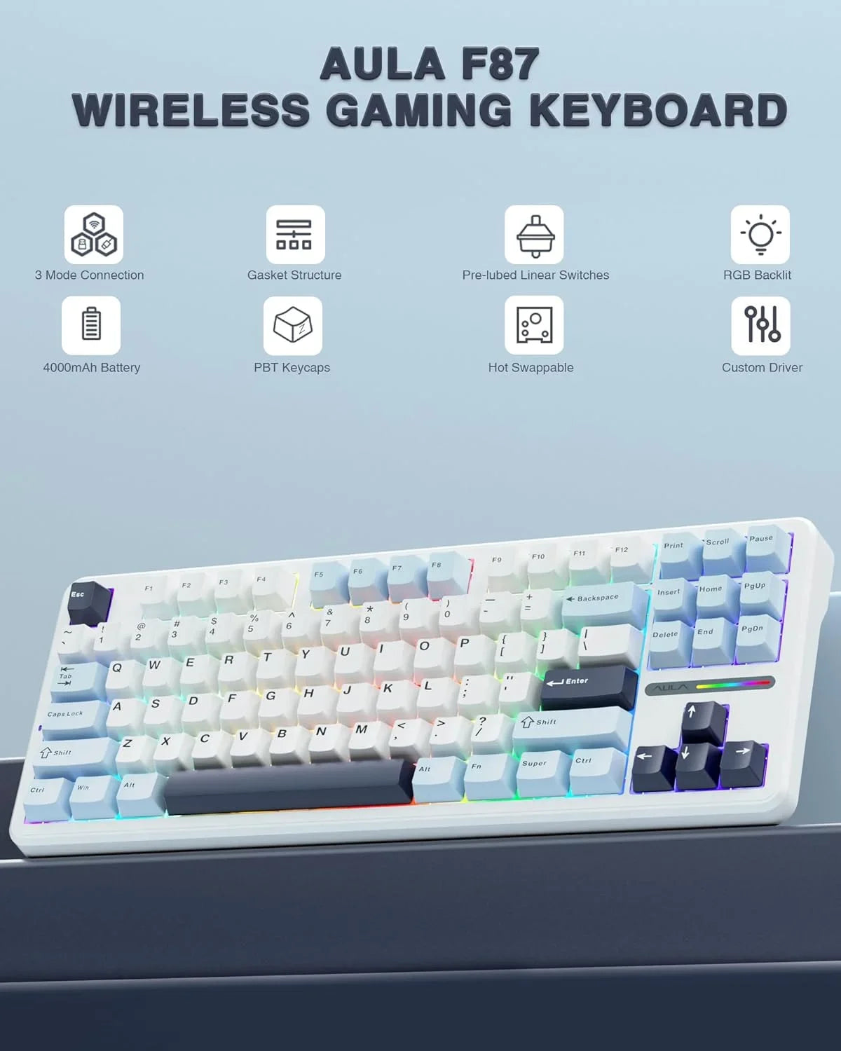 AULA F87 Tri-Mode Mechanical Gaming Keyboard - Light Grey/White/Blue - Nimbus Switch V3