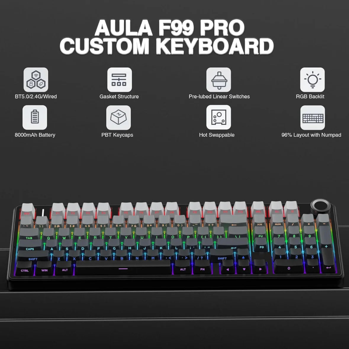 AULA F99 Pro Side Engraved V3 Tri-Mode Mechanical Gaming Keyboard - Gradient Grey - Nimbus Switch