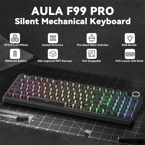 AULA F99 Pro Side Engraved V3 Tri-Mode Mechanical Gaming Keyboard - Gradient Grey - Nimbus Switch