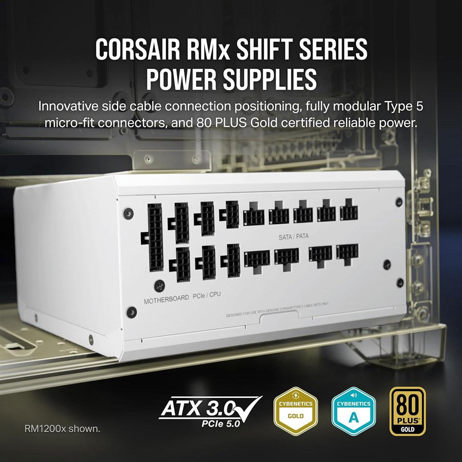CORSAIR RM1000x SHIFT Fully Modular ATX Power Supply - 80 PLUS Gold - ATX 3.0 - PCIe 5.0 - Zero RPM - Modular Side Interface - White - PakByte