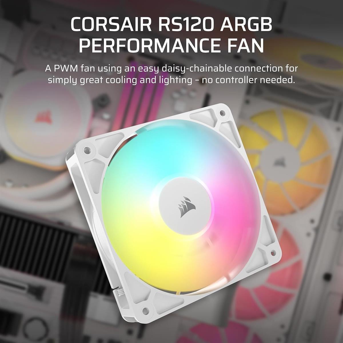 Corsair RS120 ARGB 120mm PWM Fan, Daisy-Chain Connection, Low-Noise, Magnetic Dome Bearing – Single Pack - White - PakByte Computers