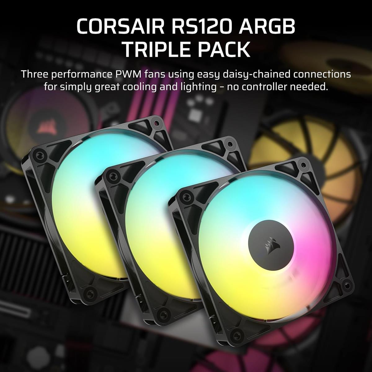 Corsair RS120 ARGB 120mm PWM Fans, Daisy-Chain Connection, Low-Noise, Magnetic Dome Bearing – Triple Pack - Black - PakByte Computers