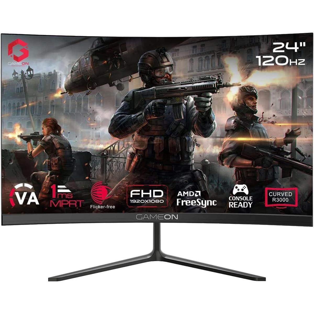 GameOn GOC24F120VA Pro Series 24" Curved 120hz Gaming Monitor, 1920x1080p FHD VA Panel, 1ms, HDMI 2.1, Freesync, Crosshair assistant, Built-in Speakers, Supports PS5, VRR - PakByte Computers