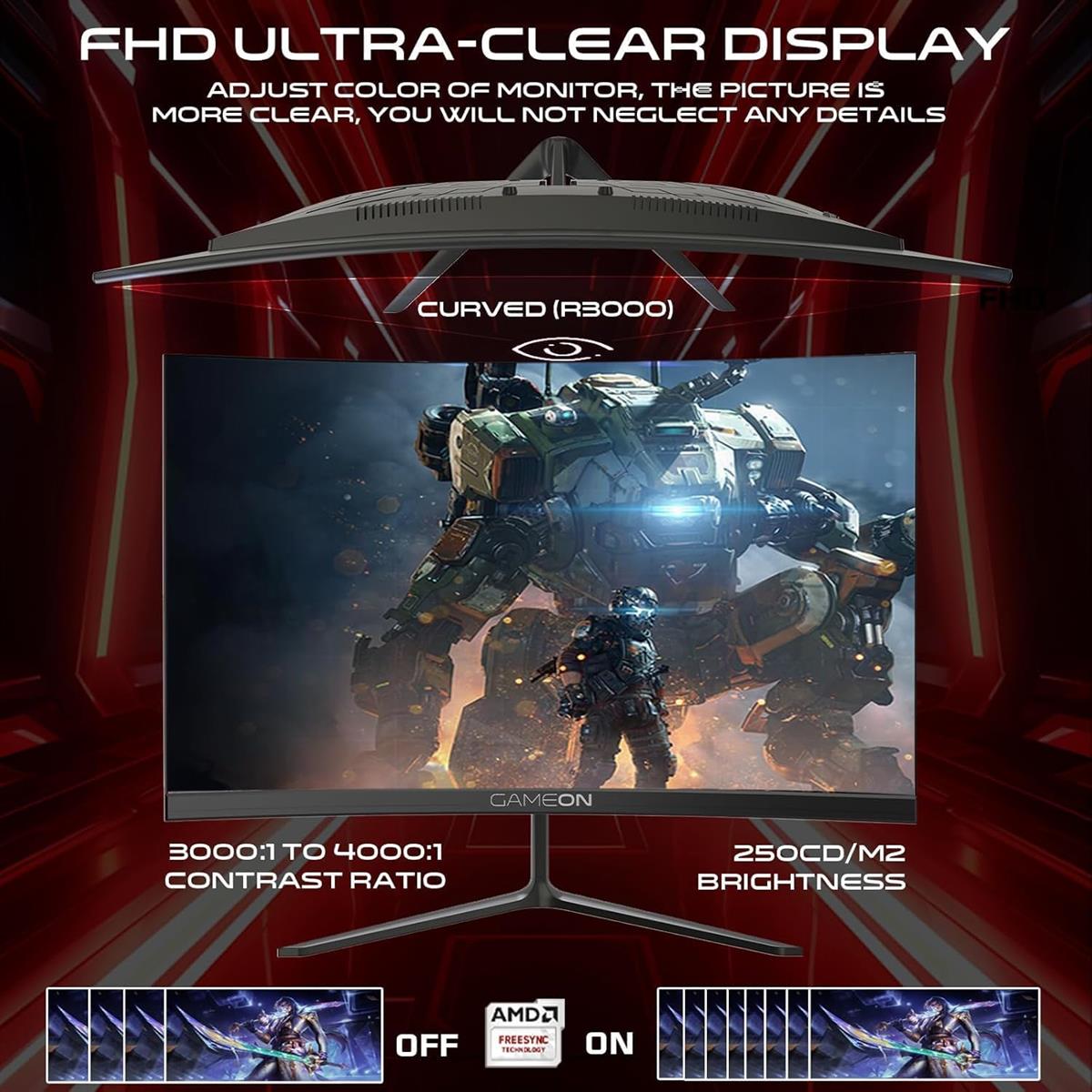 GameOn GOC24F120VA Pro Series 24" Curved 120hz Gaming Monitor, 1920x1080p FHD VA Panel, 1ms, HDMI 2.1, Freesync, Crosshair assistant, Built-in Speakers, Supports PS5, VRR - PakByte Computers