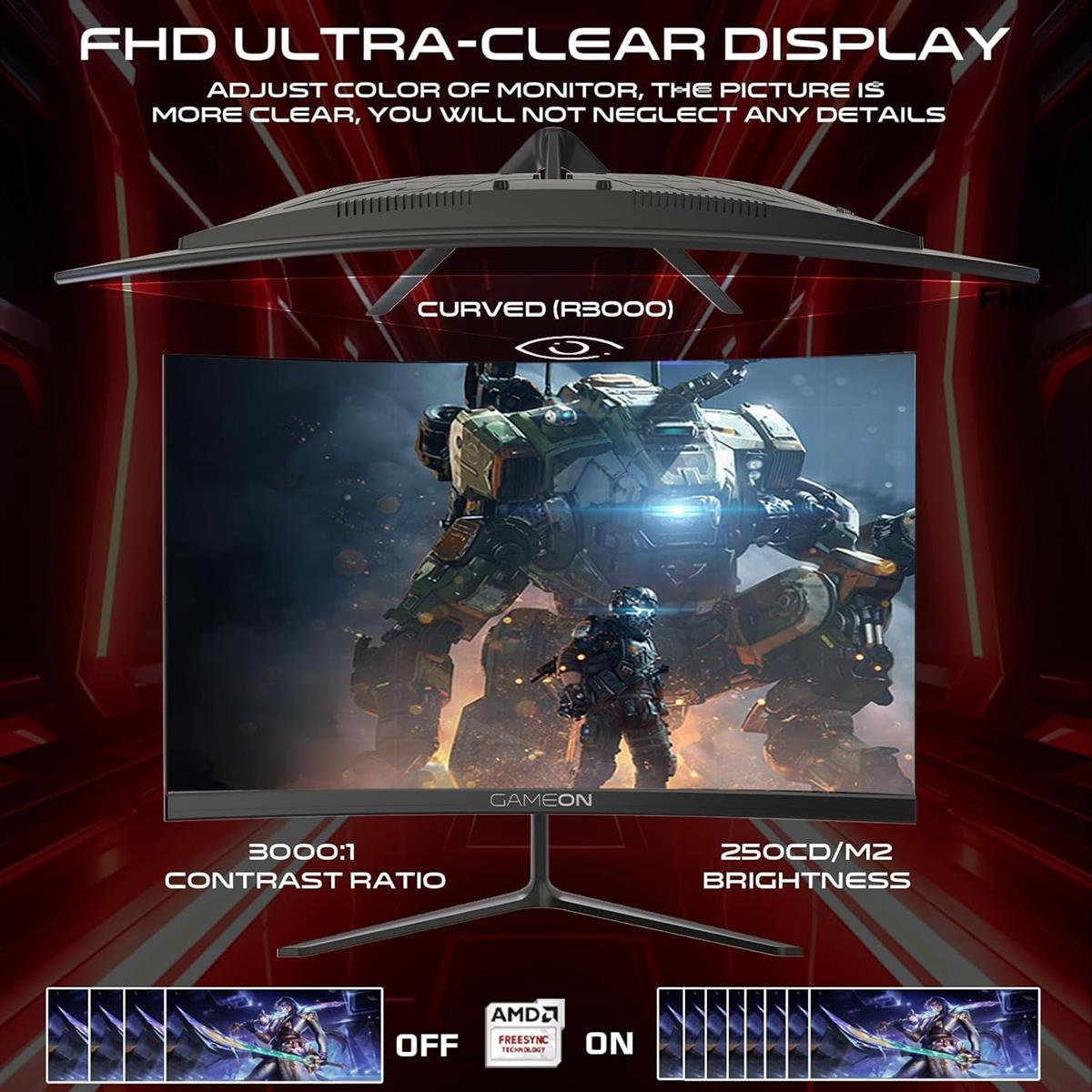 GameOn GOC24F180VA Pro Series 24" Curved 180hz Gaming Monitor, 1920x1080p FHD Fast VA Panel, 0.5ms, HDMI 2.1, G-Sync & Freesync, Crosshair assistant, Built-in Speakers, Supports HDR, PS5, VRR - PakByte Computers