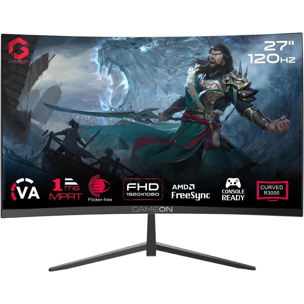 GameOn GOC27F120VA Pro Series 27" Curved 120hz Gaming Monitor, 1920x1080p FHD VA Panel, 1ms, HDMI 2.1, Freesync, Crosshair assistant, Built-in Speakers, Supports PS5, VRR - PakByte Computers