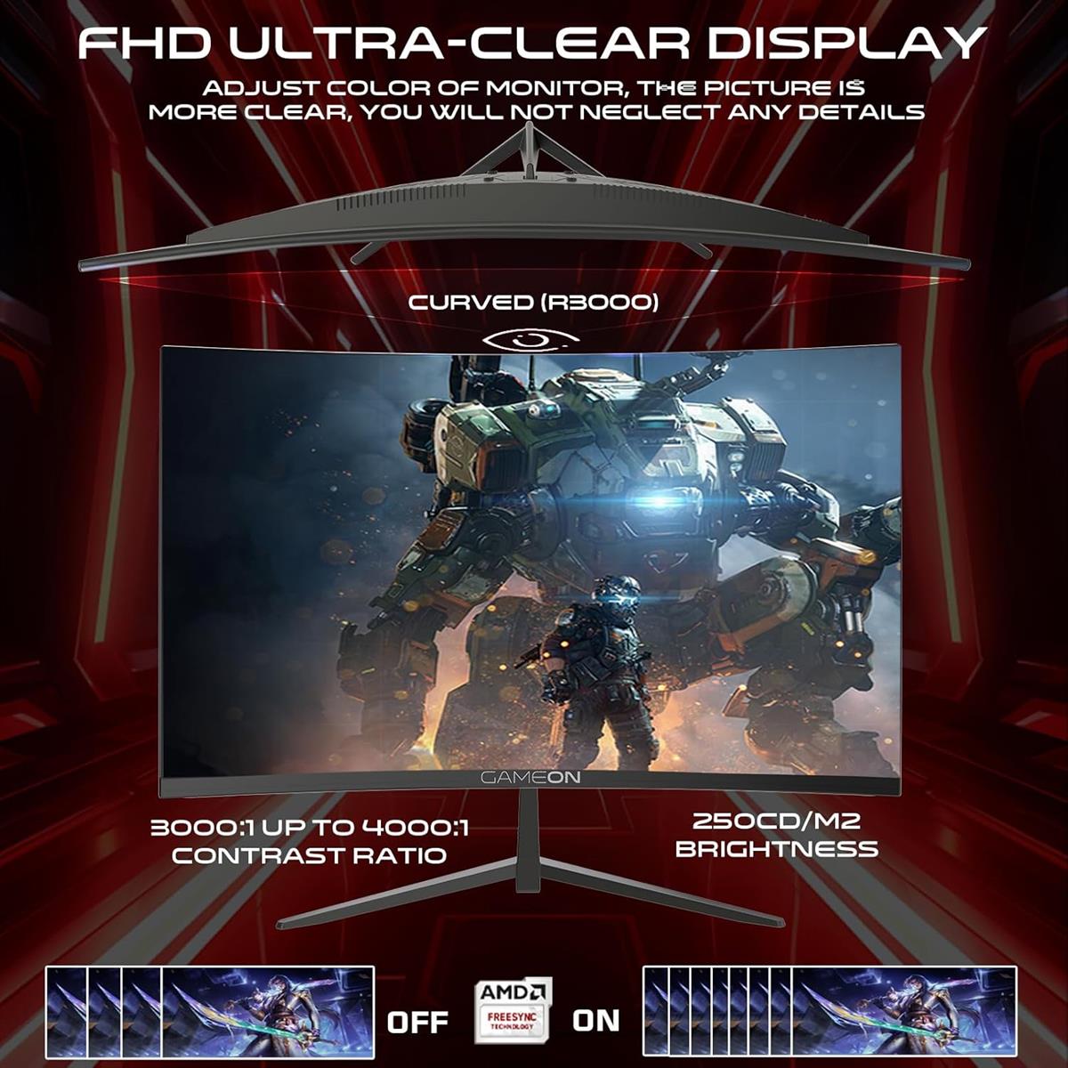 GameOn GOC27F120VA Pro Series 27" Curved 120hz Gaming Monitor, 1920x1080p FHD VA Panel, 1ms, HDMI 2.1, Freesync, Crosshair assistant, Built-in Speakers, Supports PS5, VRR - PakByte Computers