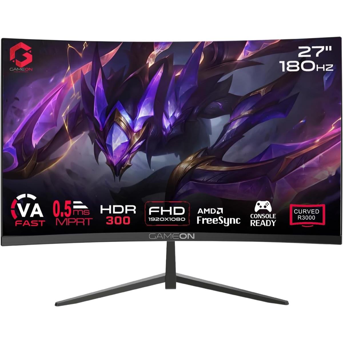 GameOn GOC27F180VA Pro Series 27" Curved 180hz Gaming Monitor, 1920x1080p FHD Fast VA Panel, 0.5ms, HDMI 2.1, G-Sync & Freesync, Crosshair assistant, Built-in Speakers, Supports HDR, PS5, VRR - PakByte Computers