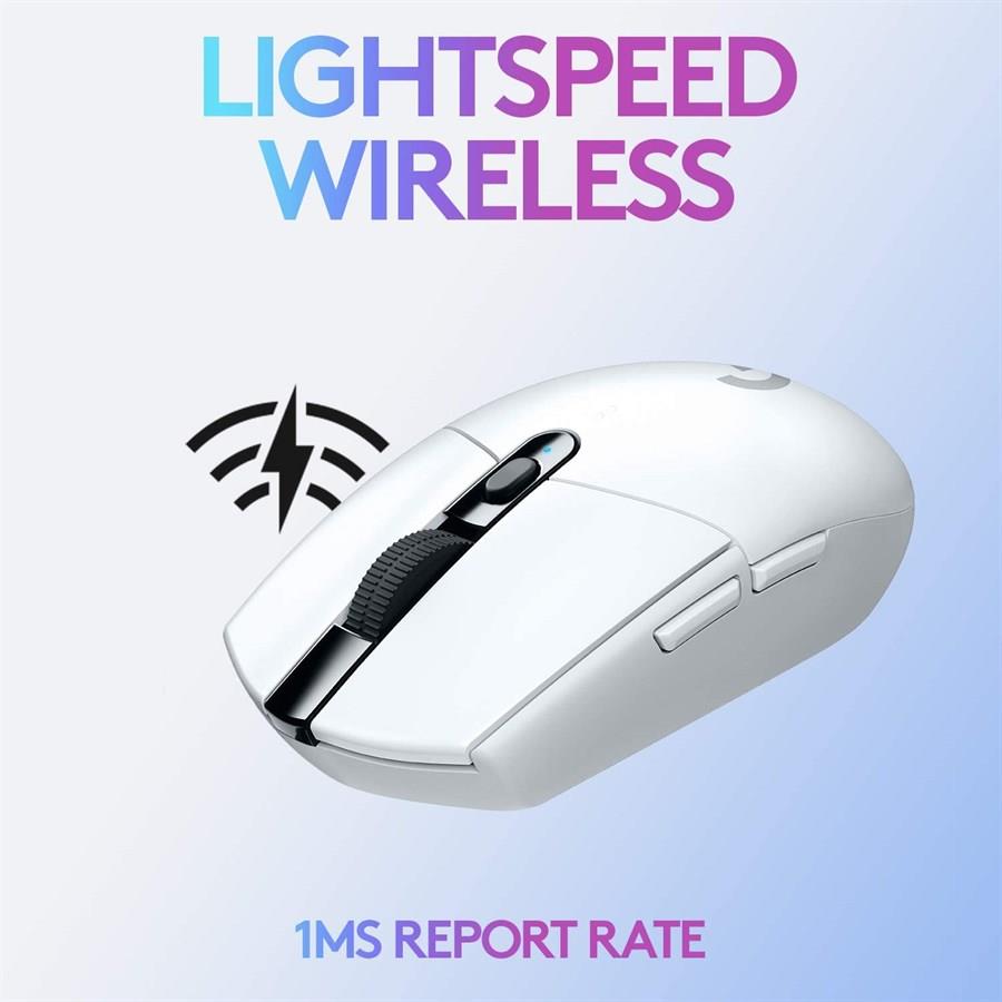 White gaming mouse with 'Lightspeed Wireless' branding on a light blue background