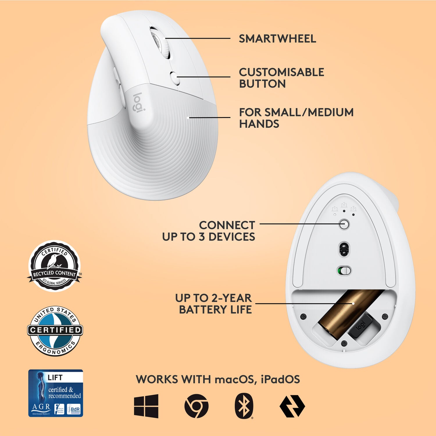 Logitech Lift Vertical Ergonomic Wireless Mouse - Off-White - PakByte