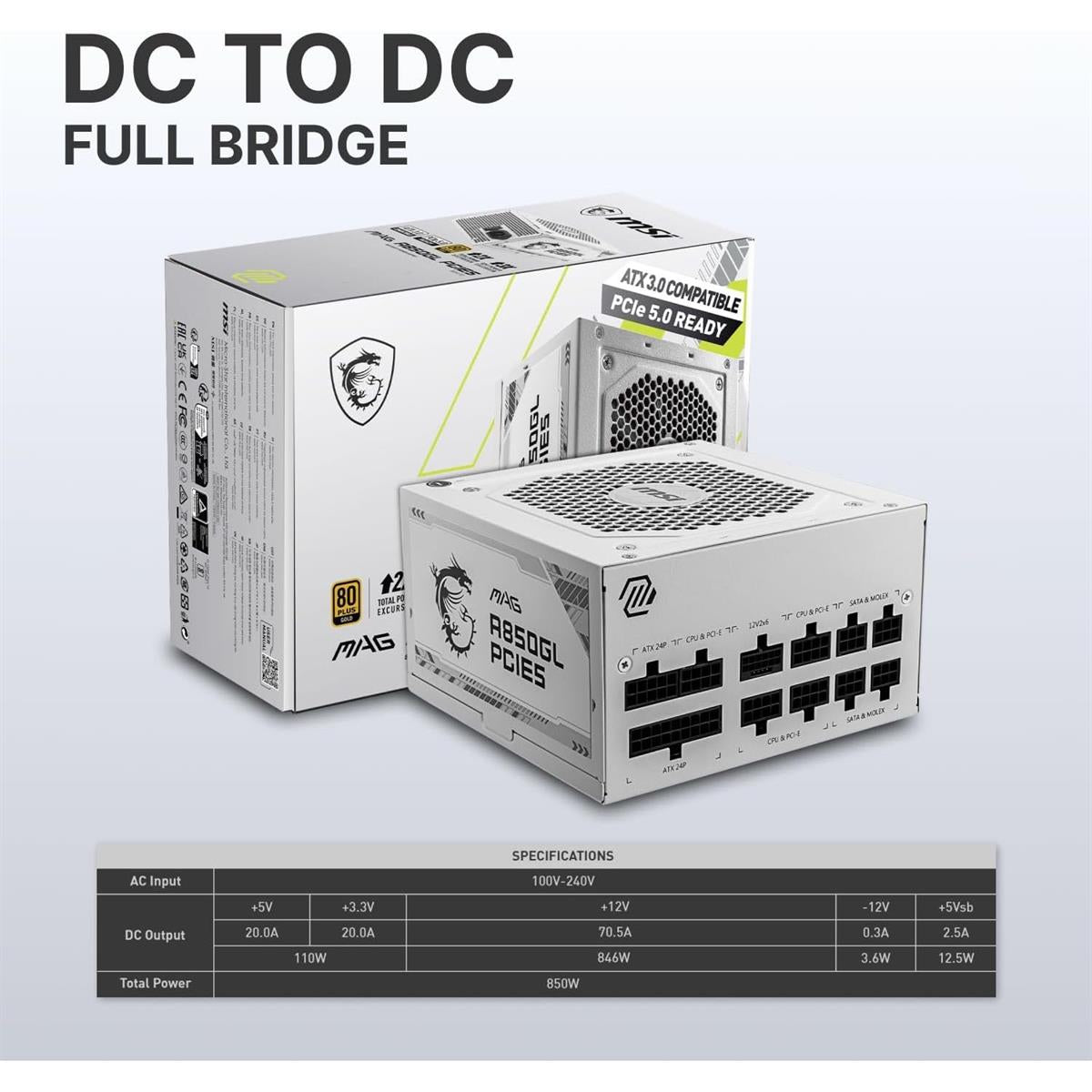 MSI MAG A850GL PCIE 5 White Gaming Power Supply - PakByte Computers