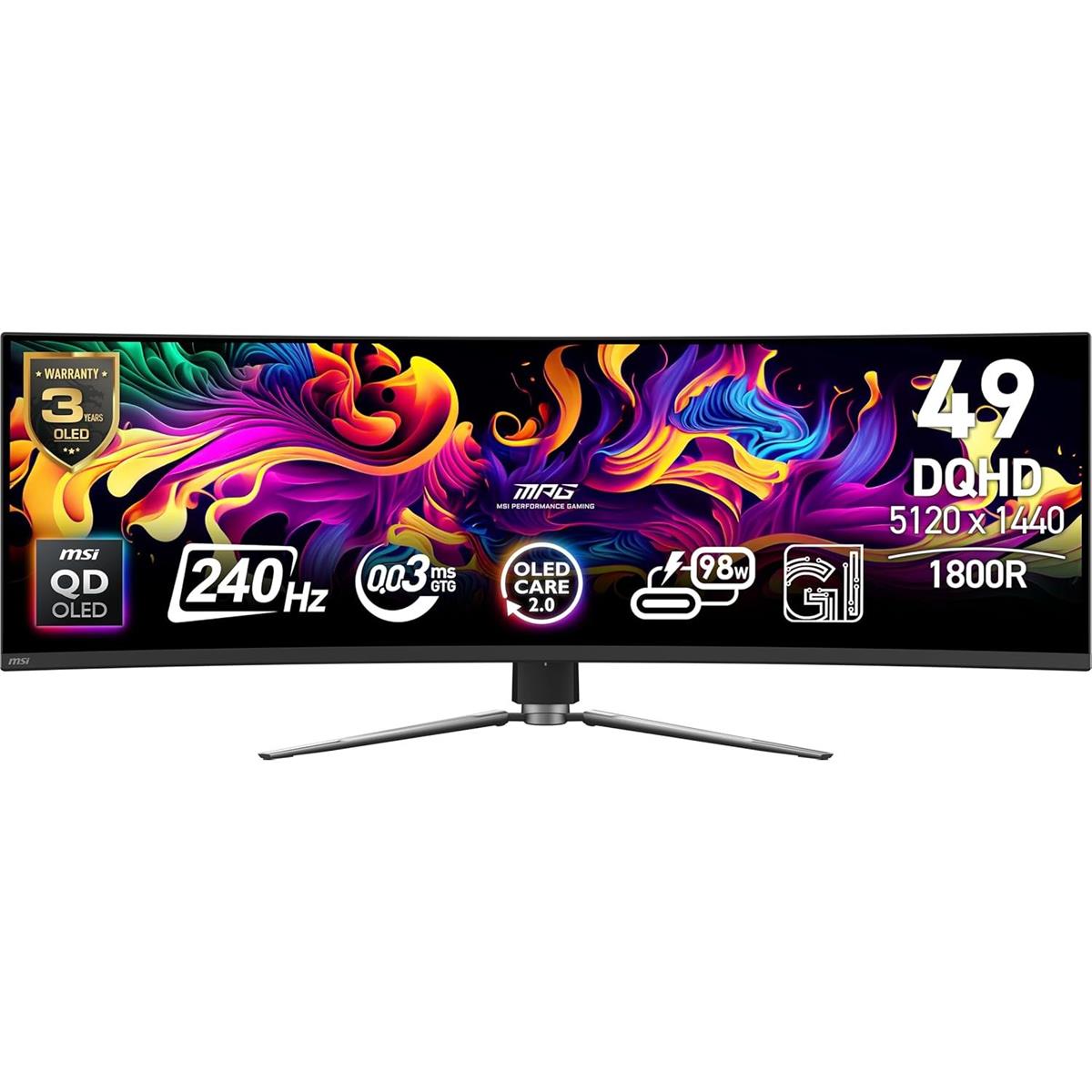 MSI MPG 491CQPX QD-OLED 49-inch QD-OLED 5120 x 1440 (DQHD) Curved Computer Gaming Monitor, 240Hz, Adaptive-Sync, HDMI, Display Port, VGA Port, VESA Mountable, Tilt, Height Adjustable, Speaker, 0.03ms, Black - PakByte