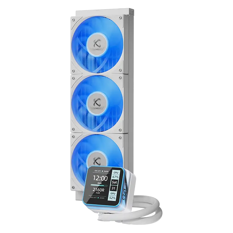 Power Train S360 360mm ARGB AIO Liquid CPU Cooler with 2.8" LCD Screen - White