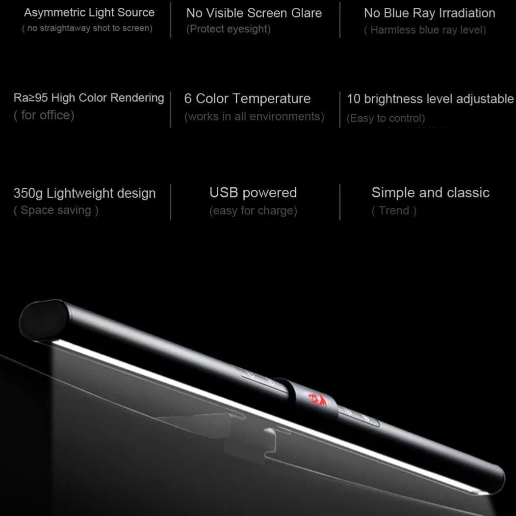 Redragon GML-113 Beryl Monitor Light Bar, E-Reading LED Computer Screenbar Lamp w/6-Level Hue Dimming, Sticker-Free Weighted Hanging Mount & Solid Aluminum Alloy Cover, USB Powered Plug & Play, Black - PakByte