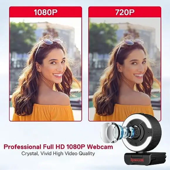 Redragon GW910 1080P PC Webcam w/Dual Microphone, Adjustable Ring Light, Digital Zoom & Privacy Cover - PakByte Computers