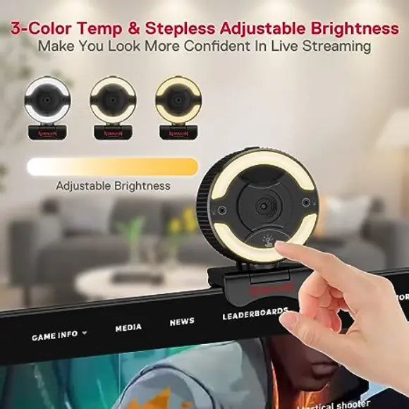 Redragon GW910 1080P PC Webcam w/Dual Microphone, Adjustable Ring Light, Digital Zoom & Privacy Cover - PakByte Computers