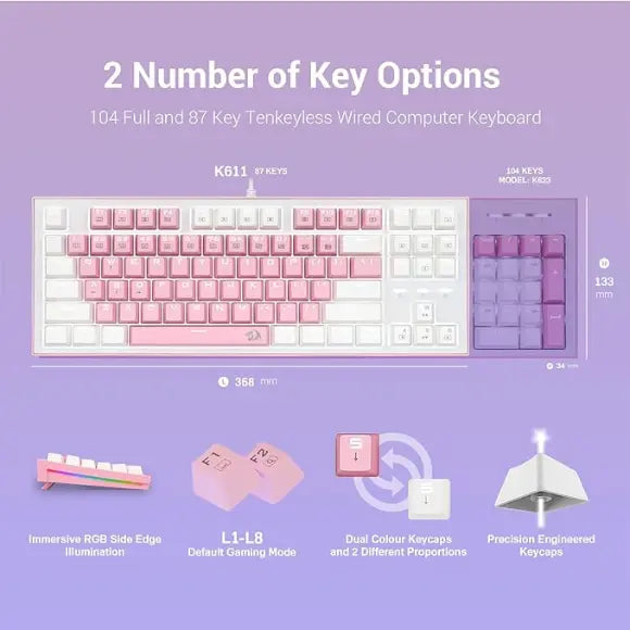 Redragon WIB BES K611 Dual Color Keys Mechanical Gaming Keyboard - White/Pink - PakByte Computers