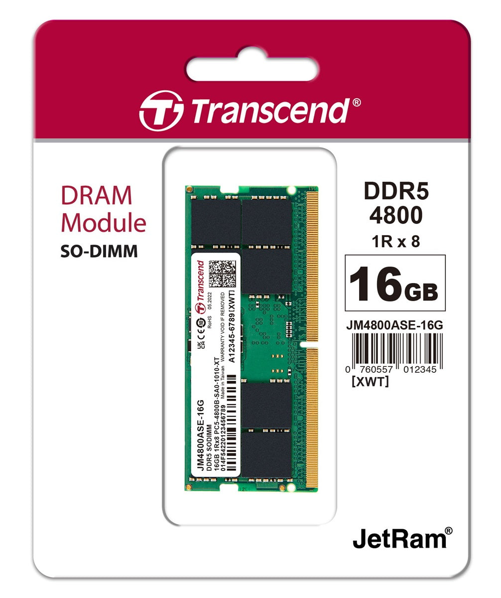 Transcend JetRam 16GB 4800MHz C40 DDR5 SO-DIMM Laptop Memory