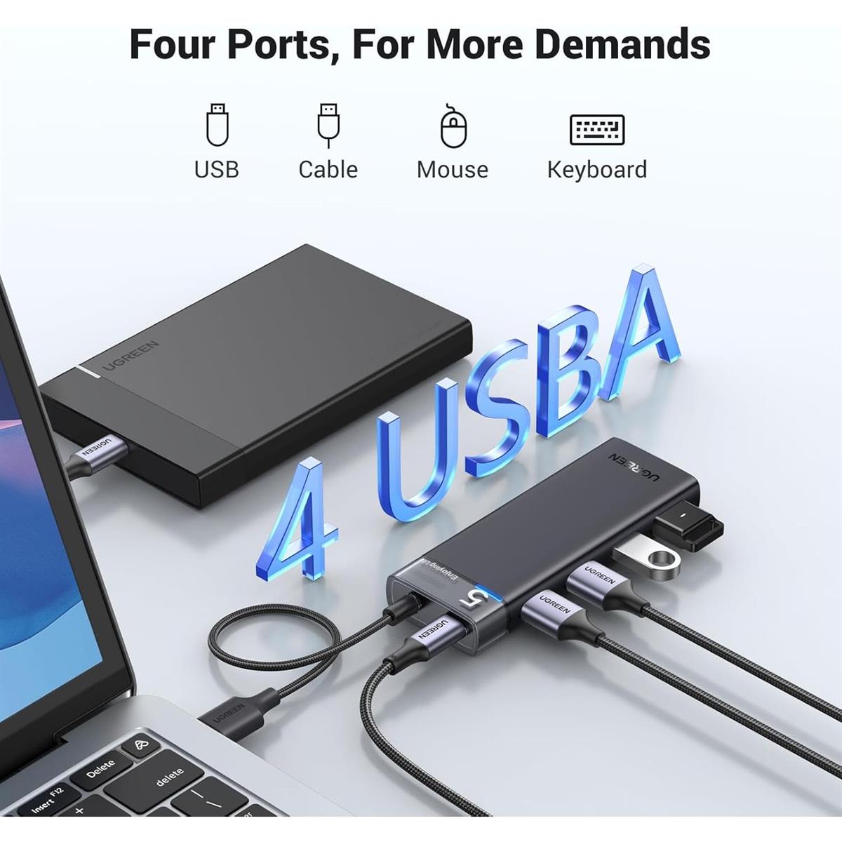 Ugreen 4-Port USB 3.0 Hub, 5Gbps High Speed Data Transmission with USB-C Power Supply for PC, Laptop, Flash Drive, Mobile HDD, Windows - PakByte
