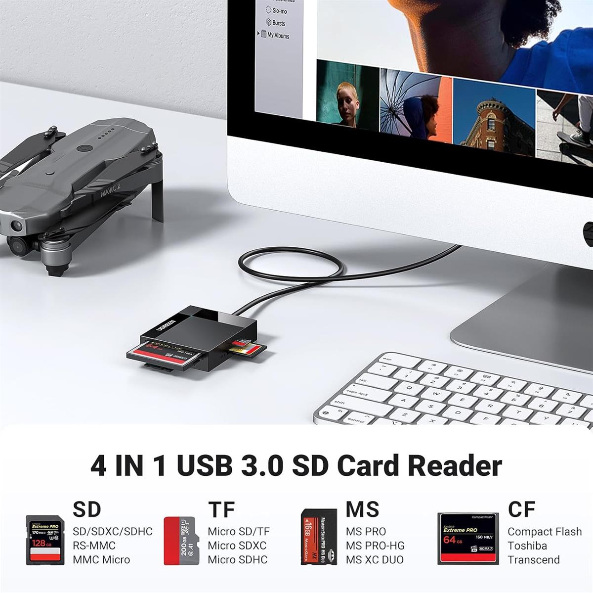 Ugreen 4-in-1 SD Card Reader USB 3.0 Card Hub Adapter 5Gbps Read 4 Cards Simultaneously CF, CFI, TF, SDXC, SDHC, SD, MMC, Micro SDXC, Micro SD, Micro SDHC, MS, UHS-I - Black - PakByte