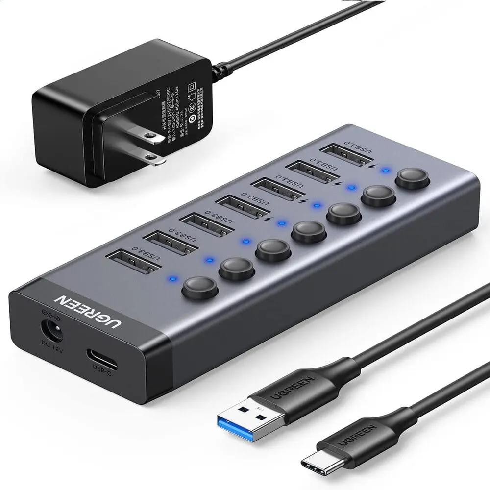 Ugreen 7-Port USB 3.0 Hub (EU) With Independent Switch and 24W Power Supply (12 V/2 A) for Charging and Data Transfer, Compatible with MacBook, Surface Pro 7, Notebook and Other Laptops - PakByte