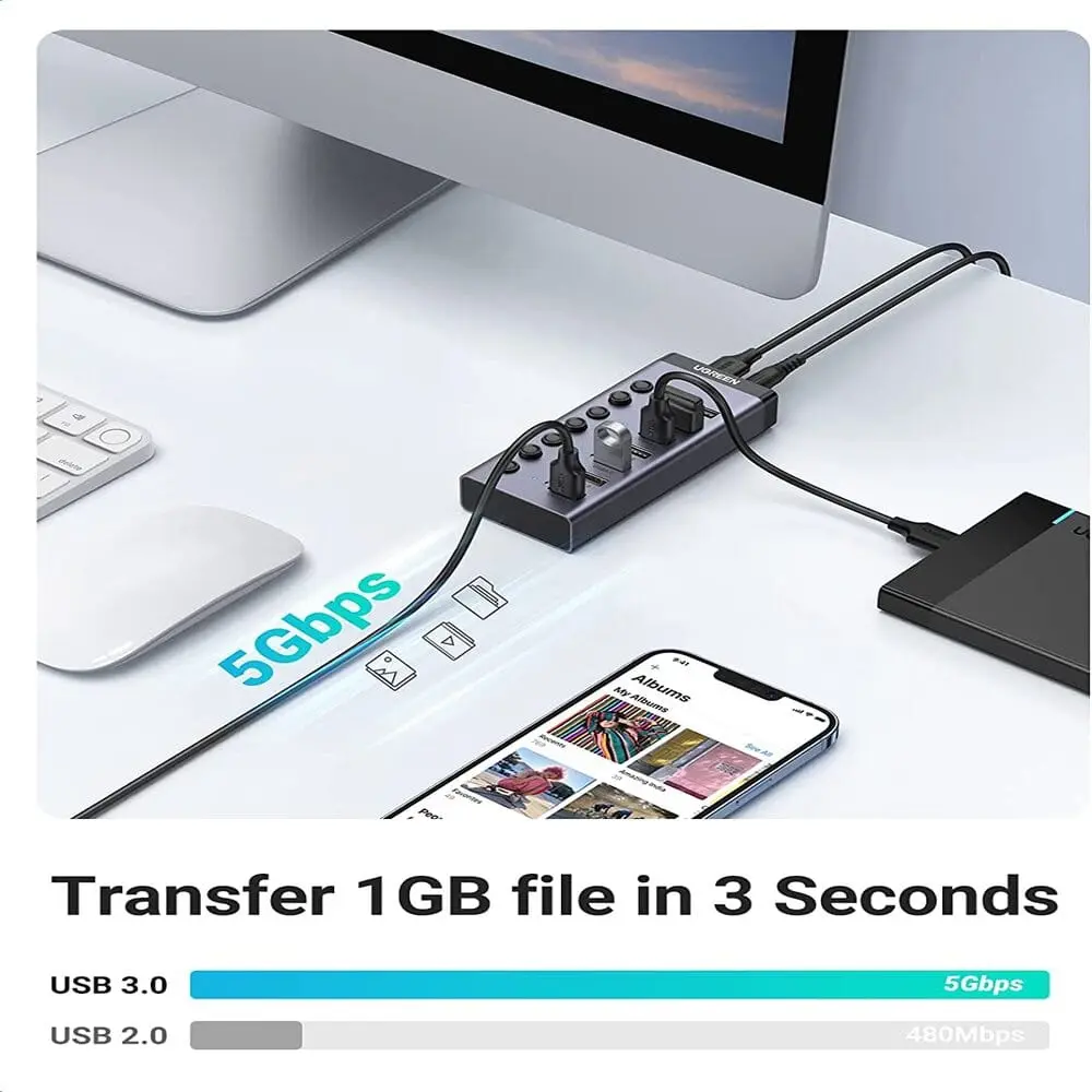 Ugreen 7-Port USB 3.0 Hub (EU) With Independent Switch and 24W Power Supply (12 V/2 A) for Charging and Data Transfer, Compatible with MacBook, Surface Pro 7, Notebook and Other Laptops - PakByte