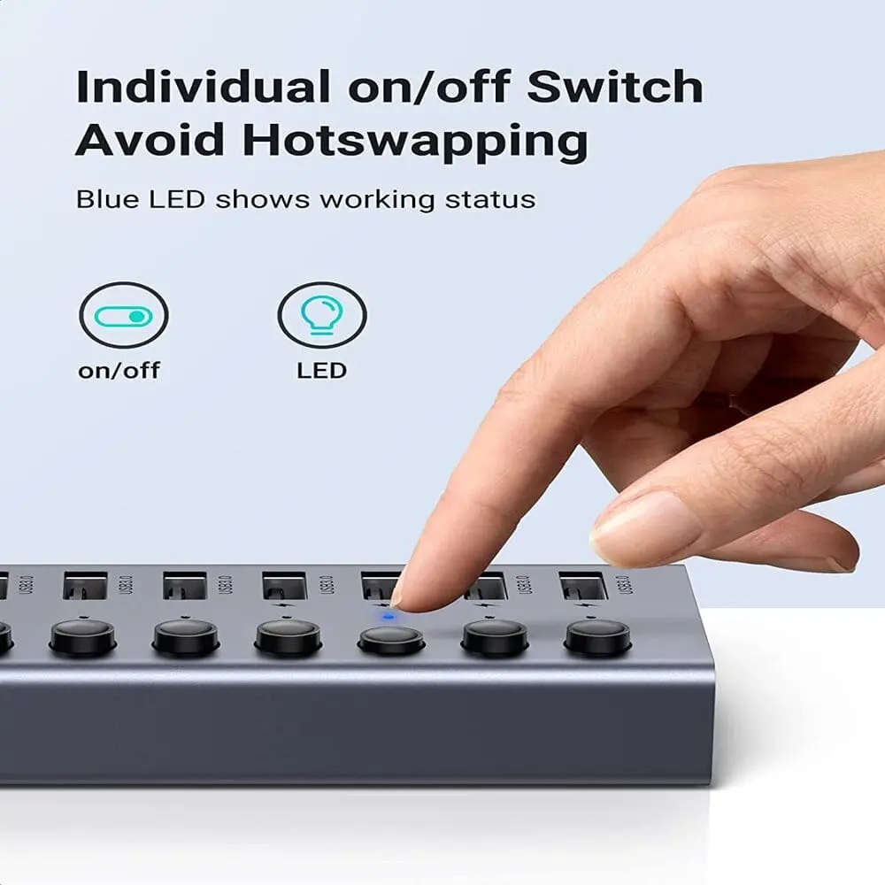 Ugreen 7-Port USB 3.0 Hub (EU) With Independent Switch and 24W Power Supply (12 V/2 A) for Charging and Data Transfer, Compatible with MacBook, Surface Pro 7, Notebook and Other Laptops - PakByte