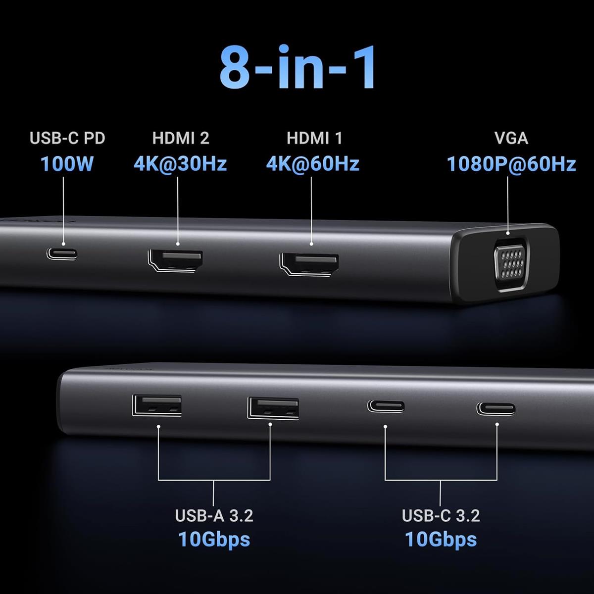 Ugreen 8-in-1 USB-C 4K Docking Station Dual Monitor, Triple Display USB C Hub with 2 HDMI, VGA, 2 USB A&C 3.2 Ports, 100W PD, USB C Dock Compatible for MacBook, Dell, HP, Lenovo, Surface etc - PakByte