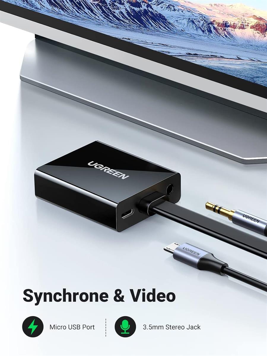 Ugreen Active HDMI to VGA Adapter with 3.5mm Audio Jack, HDMI Male to VGA Female, up to 1080P for PC, Laptop, Ultrabook, Raspberry Pi, Chromebook, Black - PakByte