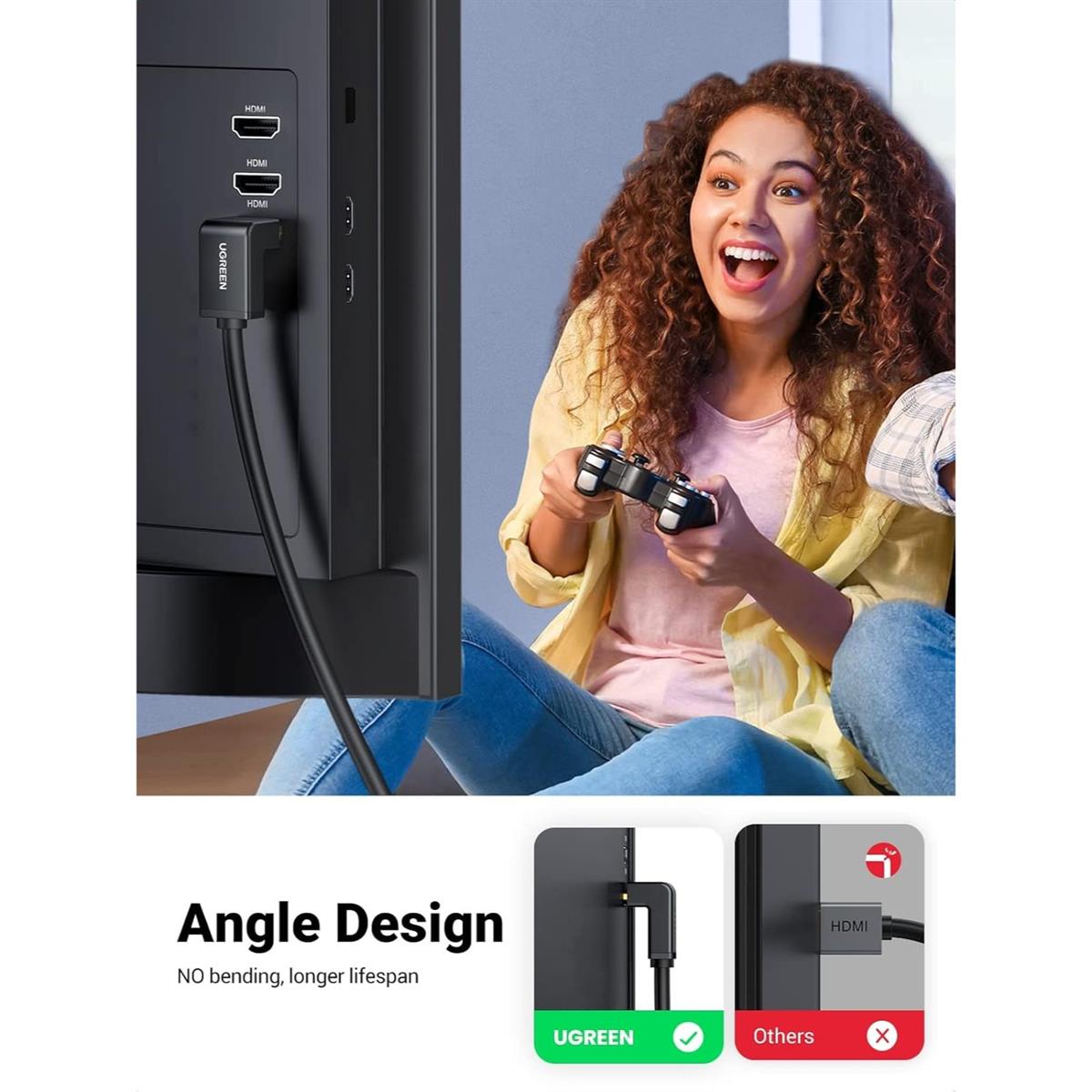 Ugreen HDMI Cable Right Angle 4K 90 Degree HDMI Cord High Speed Down Angle HDMI 2.0 Cable, 4K@60Hz HD 3D 1080P ARC Compatible for Laptop Monitor Nintendo Switch Xbox PS5 PC TV, 2m - PakByte