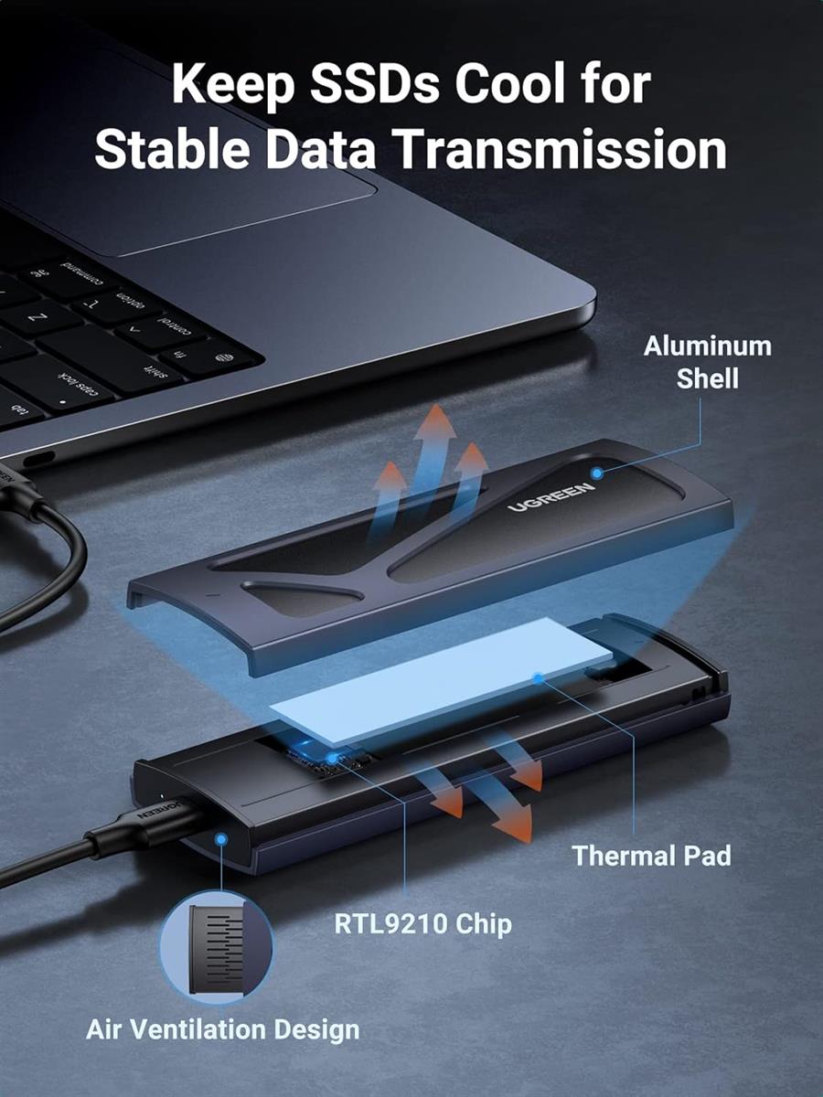 Ugreen M.2 NVMe SSD Enclosure, Tool-Free NVMe Enclosure, 10Gbps NVMe to USB Adapter with USB 3.2 Gen2, Aluminum M2 SSD Enclosure Supports M and B&M Keys and Size in 2230/2242 /2260/2280 SSDs (Black) - PakByte