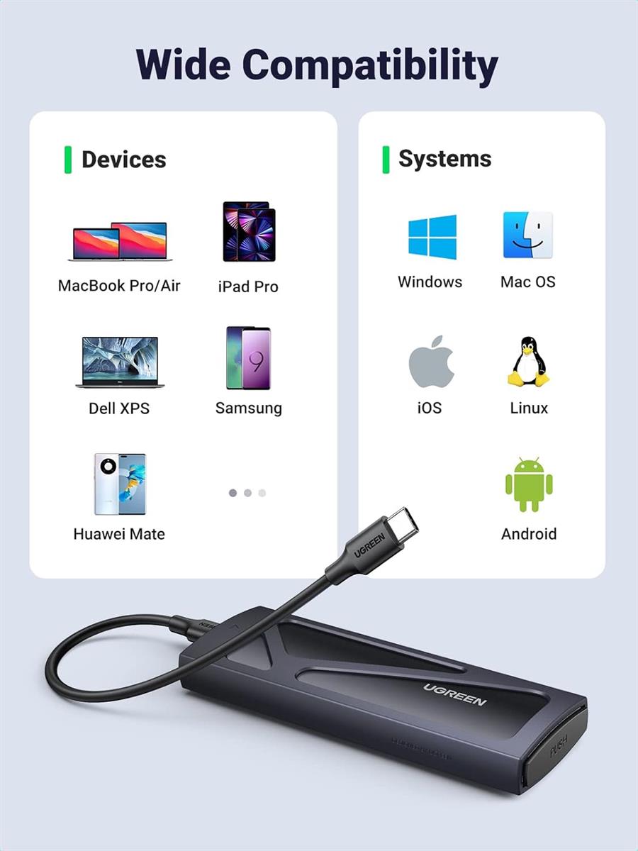 Ugreen M.2 NVMe SSD Enclosure, Tool-Free NVMe Enclosure, 10Gbps NVMe to USB Adapter with USB 3.2 Gen2, Aluminum M2 SSD Enclosure Supports M and B&M Keys and Size in 2230/2242 /2260/2280 SSDs (Black) - PakByte