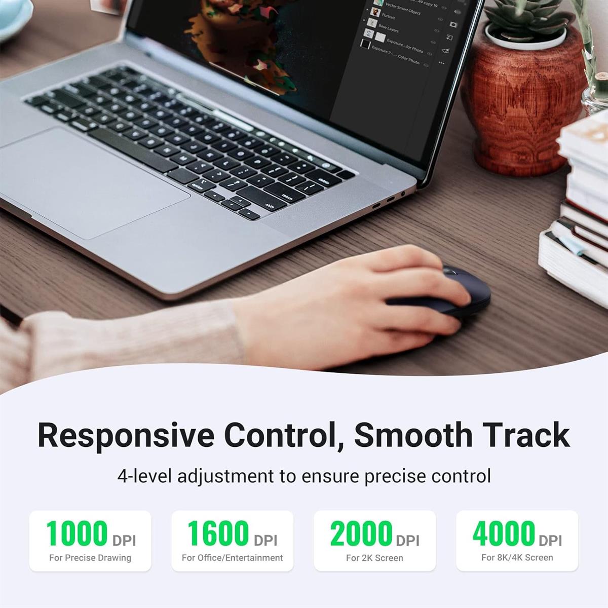 Ugreen PC Mouse Wireless Quiet With 4000 DPI, 2.4GHz Connection, 18 Months Battery Life, USB Wireless Mouse Compatible With Laptop Computer Windows 11 macOS Linux (Black) - PakByte
