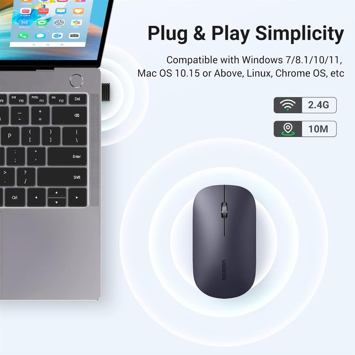 Ugreen PC Mouse Wireless Quiet With 4000 DPI, 2.4GHz Connection, 18 Months Battery Life, USB Wireless Mouse Compatible With Laptop Computer Windows 11 macOS Linux (Black) - PakByte