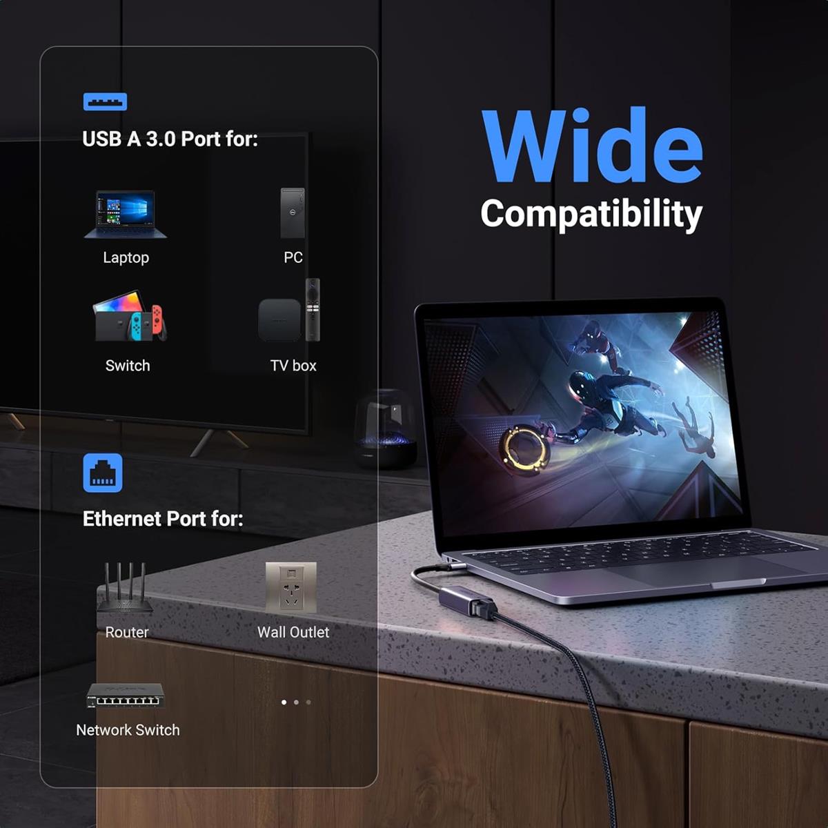 Ugreen USB 3.0 to Ethernet Adapter Gigabit Network Adapter Compatible with Nintendo Switch, Windows, MacOS, Linux, and More - PakByte