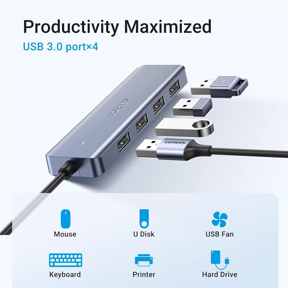 Ugreen USB-C Hub 4 Ports, USB C to USB Hub with 4 USB 3.0, Powered USB C Splitter for Laptop, MacBook Pro, iMac, iPad Pro, Chromebook, Dell XPS, iPhone 15/15 Pro, Galaxy S23, and More, 0.5FT - PakByte