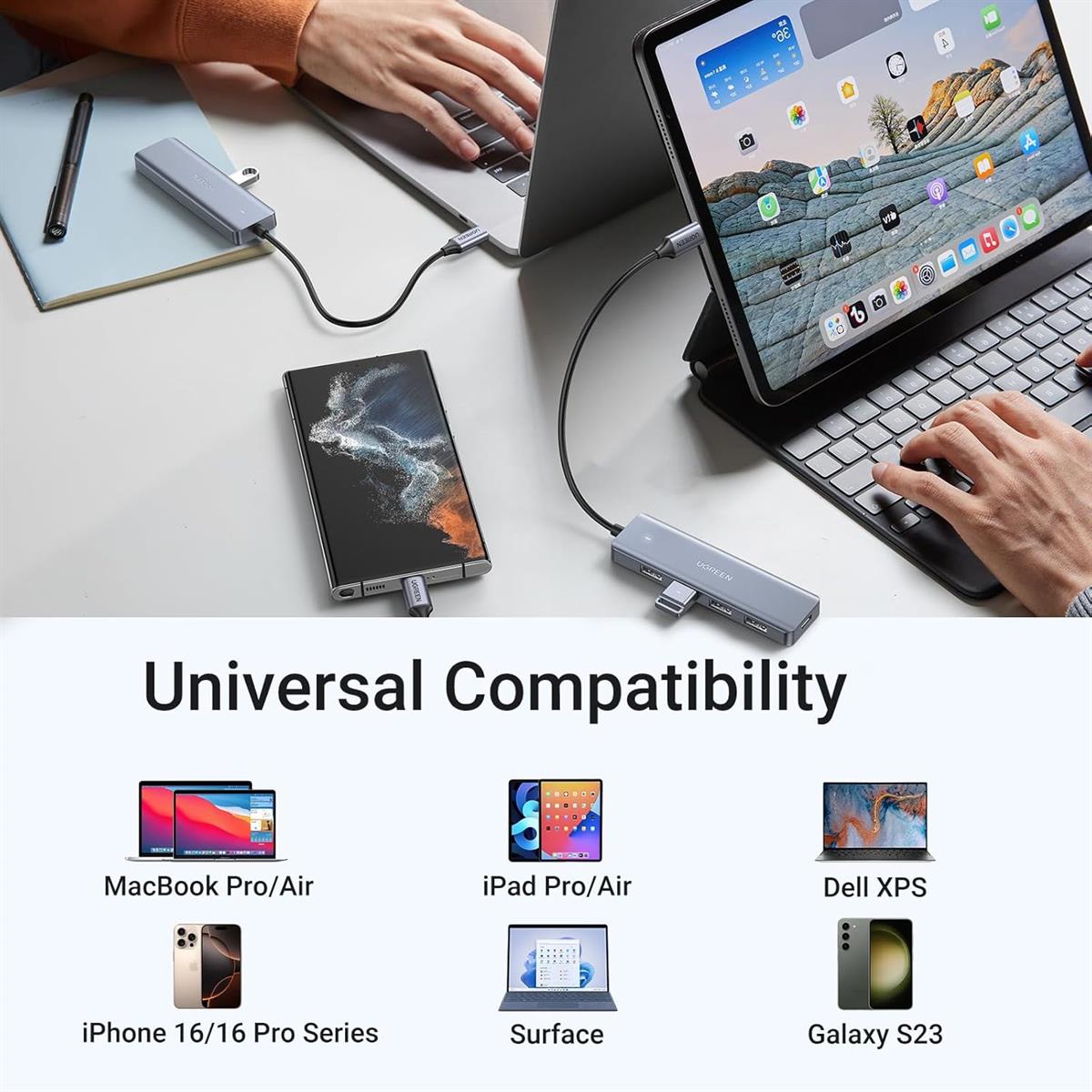 Ugreen USB-C Hub 4 Ports, USB C to USB Hub with 4 USB 3.0, Powered USB C Splitter for Laptop, MacBook Pro, iMac, iPad Pro, Chromebook, Dell XPS, iPhone 15/15 Pro, Galaxy S23, and More, 0.5FT - PakByte