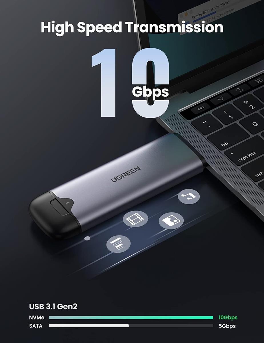 Ugreen USB-C & USB 2-in-1 M.2 NVMe SSD Enclosure, 10Gbps, Aluminum, 2242/2280, M-Key & M+B Key, Tool-Free, Broad Compatibility - PakByte