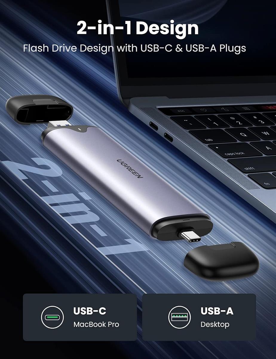 Ugreen USB-C & USB 2-in-1 M.2 NVMe SSD Enclosure, 10Gbps, Aluminum, 2242/2280, M-Key & M+B Key, Tool-Free, Broad Compatibility - PakByte
