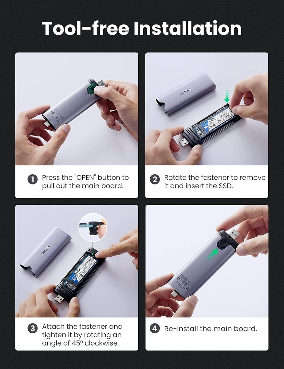 Ugreen USB-C & USB 2-in-1 M.2 NVMe SSD Enclosure, 10Gbps, Aluminum, 2242/2280, M-Key & M+B Key, Tool-Free, Broad Compatibility - PakByte